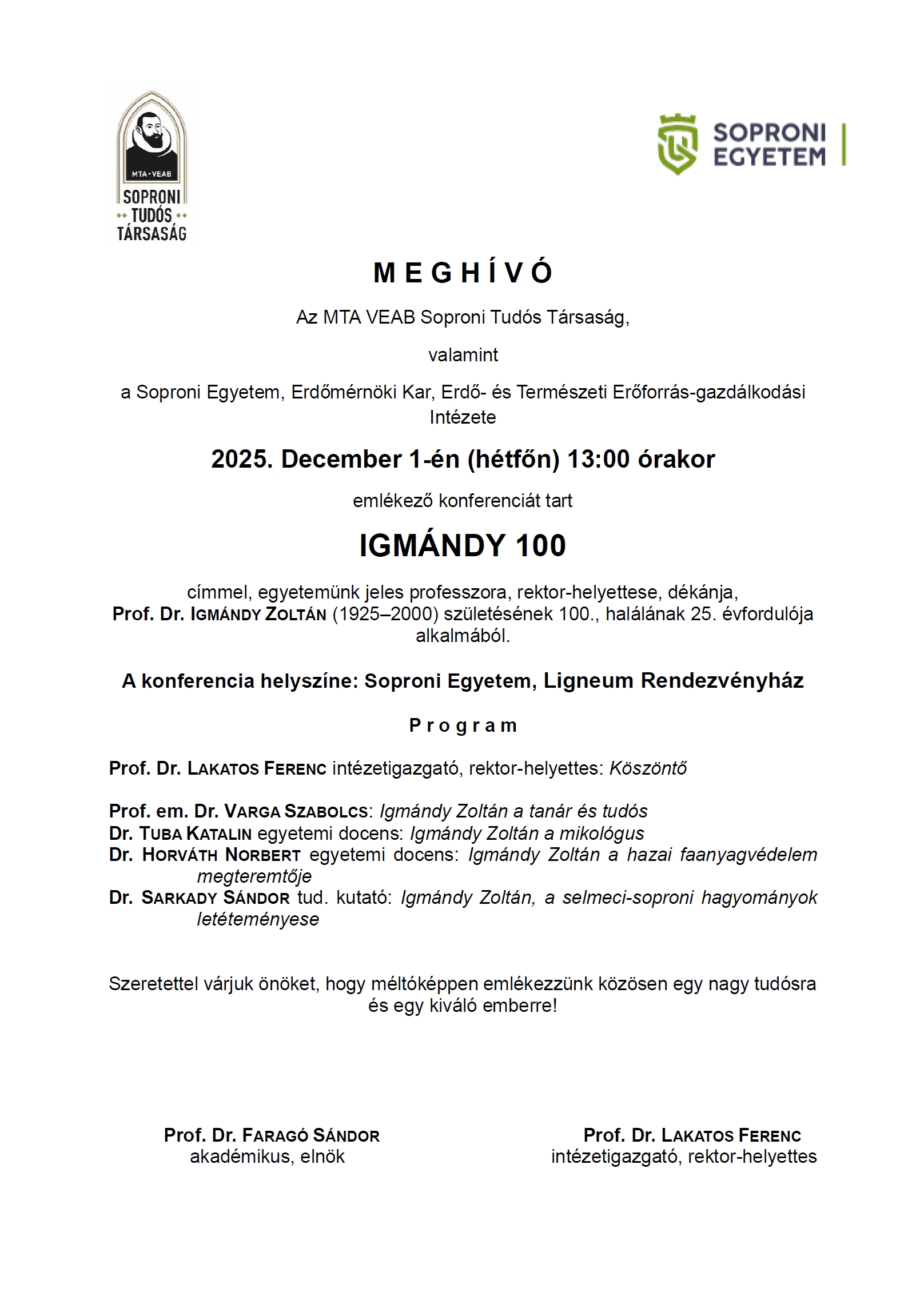Igmándy 100 - emlékkonferencia - meghívó és program 